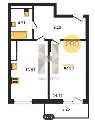 1-к. квартира, 42,9 м, 1/7 эт. - Фото 1