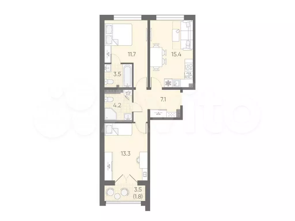 2-к. квартира, 57 м, 3/4 эт. - Фото 0