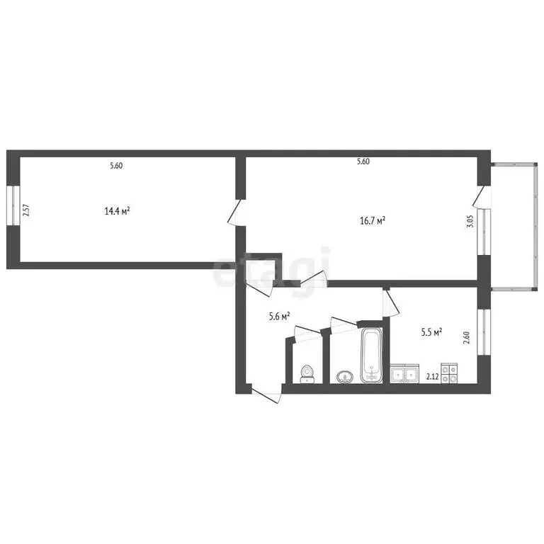 2-комнатная квартира: Альметьевск, улица Чернышевского, 40 (45.6 м) - Фото 1