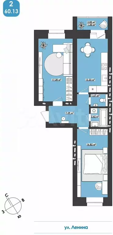 2-к. квартира, 60,1 м, 4/9 эт. - Фото 0