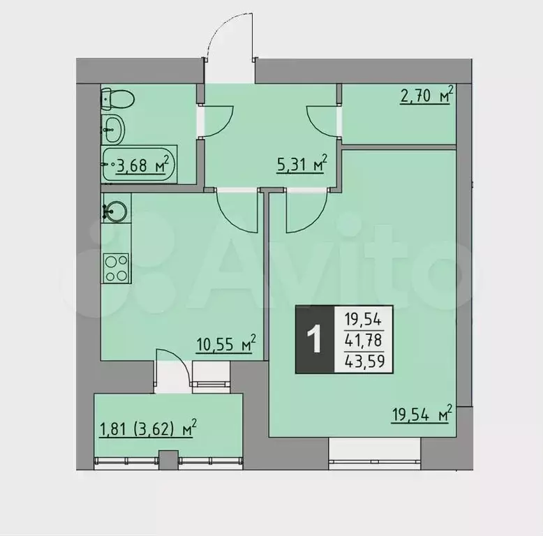 1-к. квартира, 43,6м, 2/9эт. - Фото 1