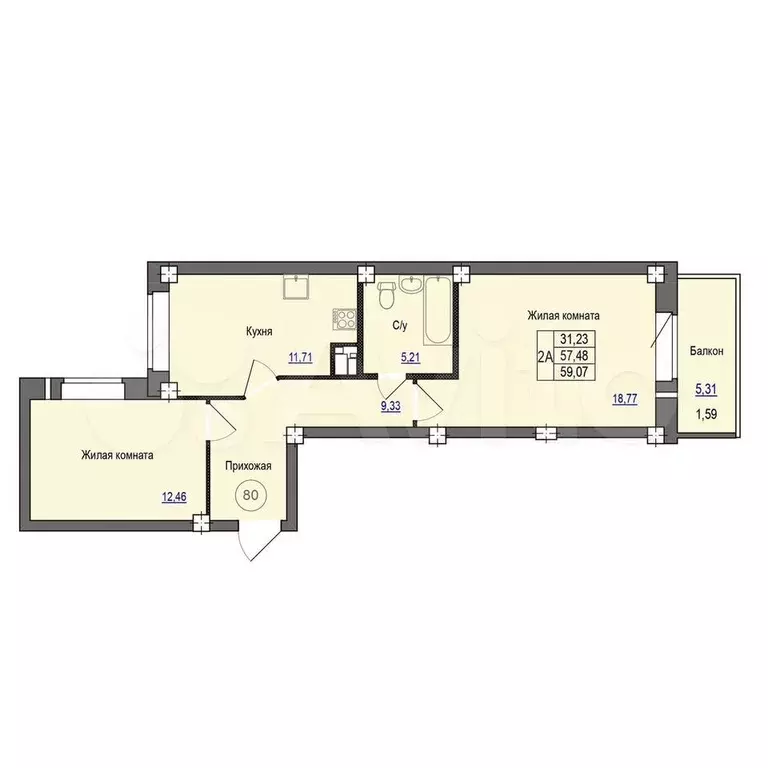 2-к. квартира, 59,1 м, 3/9 эт. - Фото 0