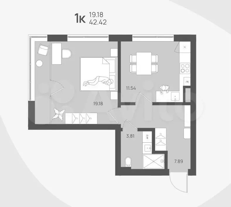 1-к. квартира, 42,4 м, 1/4 эт. - Фото 1