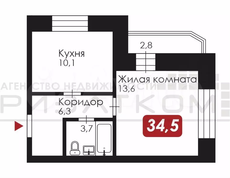 1-к. квартира, 34,5 м, 5/8 эт. - Фото 0