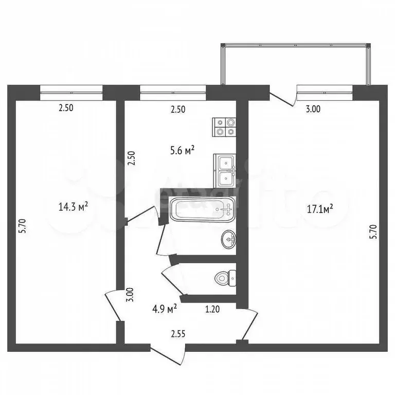 2-к. квартира, 44,9 м, 5/5 эт. - Фото 0
