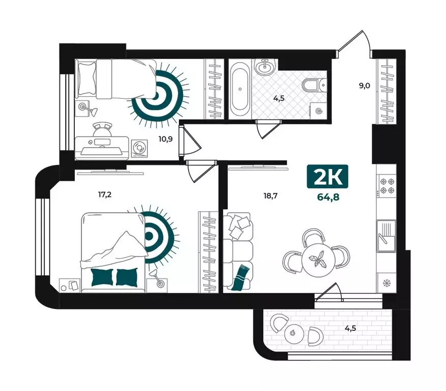 2-комнатная квартира: Тюмень, улица Евгения Войнова, 8 (64.8 м) - Фото 1