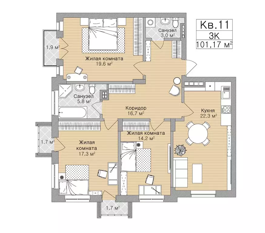 3-комнатная квартира: Рязань, улица Горького, 62 (101.17 м) - Фото 0