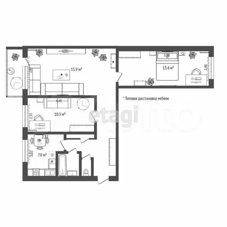3-к. квартира, 57,5 м, 5/5 эт. - Фото 0