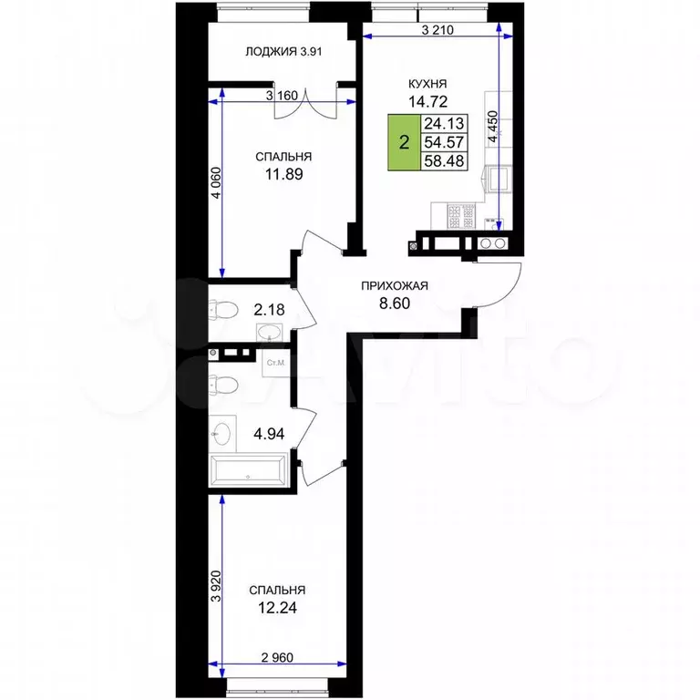 2-к. квартира, 58,5 м, 6/7 эт. - Фото 1