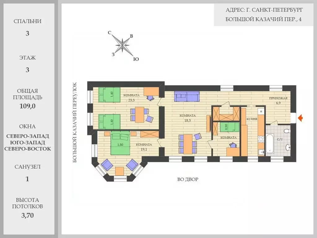 4-к кв. Санкт-Петербург Большой Казачий пер., 4 (109.0 м) - Фото 2