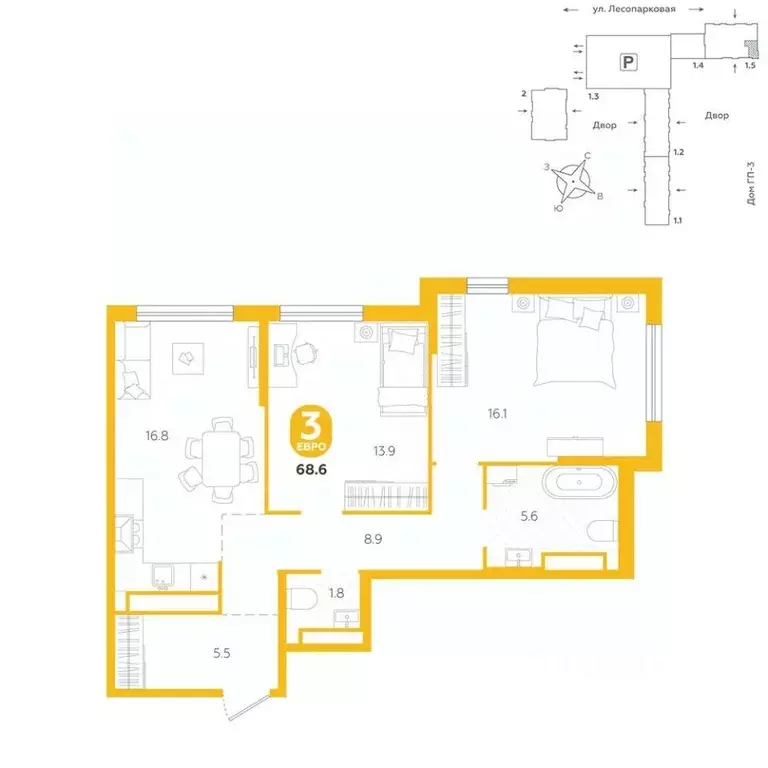 3-к кв. Тюменская область, Тюмень ул. Лесопарковая, 22 (68.6 м) - Фото 1