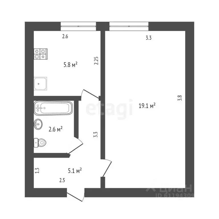 1-к кв. Мордовия, Саранск ул. Воинова, 2к3 (32.6 м) - Фото 1