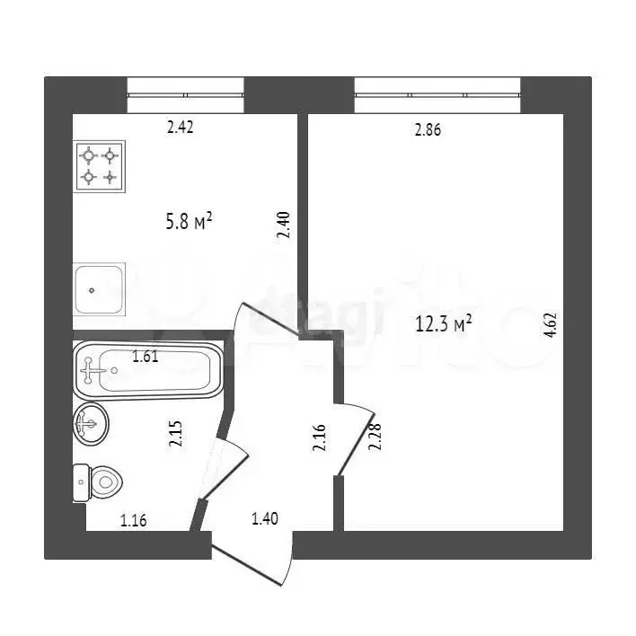 1-к. квартира, 23,8 м, 1/2 эт. - Фото 0