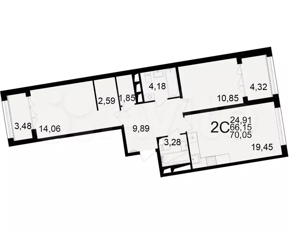 2-к. квартира, 70,1 м, 16/17 эт. - Фото 1