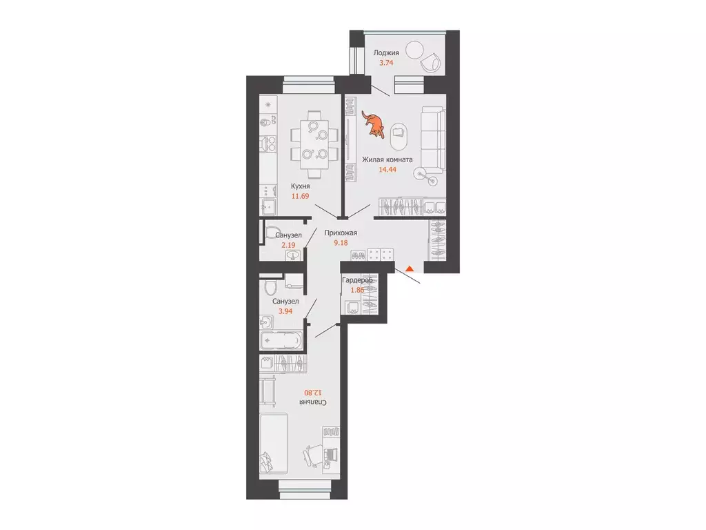 2-к квартира, 58 м - Фото 0