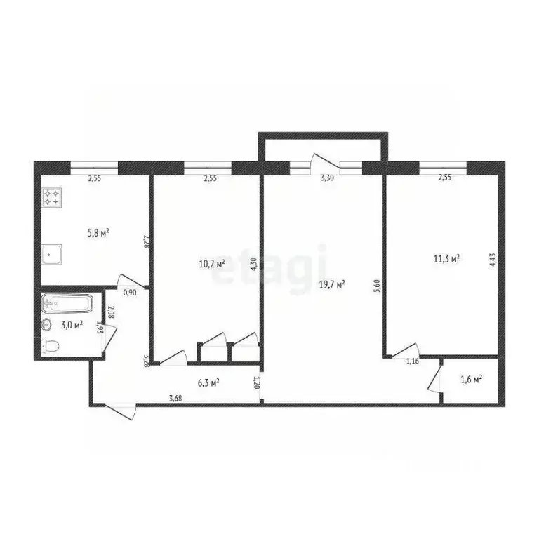 3-к кв. Татарстан, Казань ул. Карима Тинчурина, 15 (57.5 м) - Фото 1