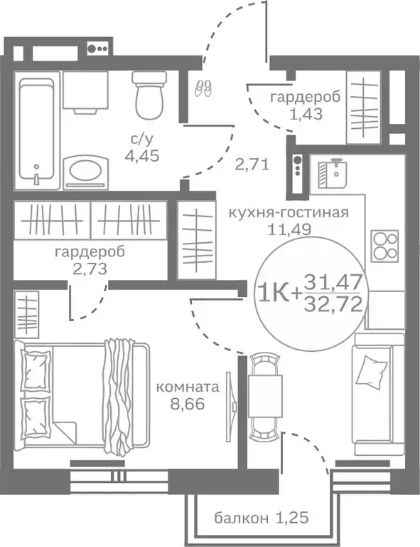 1-комнатная квартира: деревня Патрушева, улица Петра Ершова, 8 (31.47 ... - Фото 0