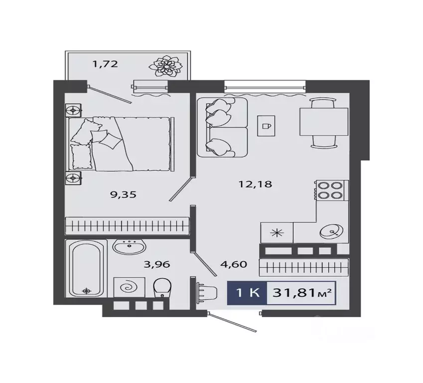1-к кв. Тюменская область, Тюмень ул. Василия Севергина, 5 (31.81 м) - Фото 1