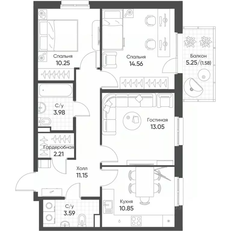 3-к кв. Татарстан, Казань Квартал Сюита жилой комплекс (71.2 м) - Фото 1