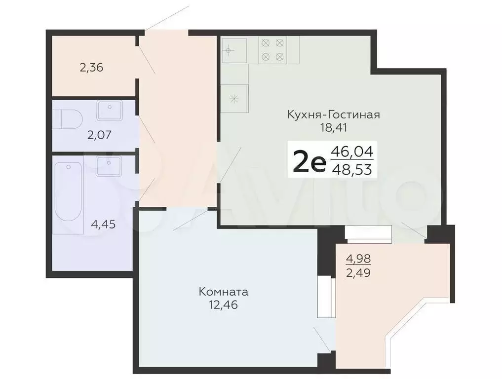 2-к. квартира, 48,5 м, 2/18 эт. - Фото 0