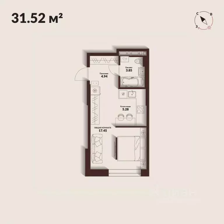 Студия Приморский край, Владивосток Каскада жилой комплекс (31.52 м) - Фото 0