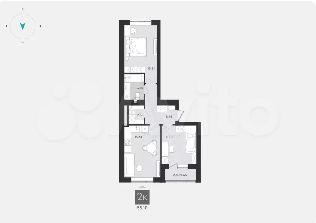 2-к. квартира, 55,1 м, 5/9 эт. - Фото 1