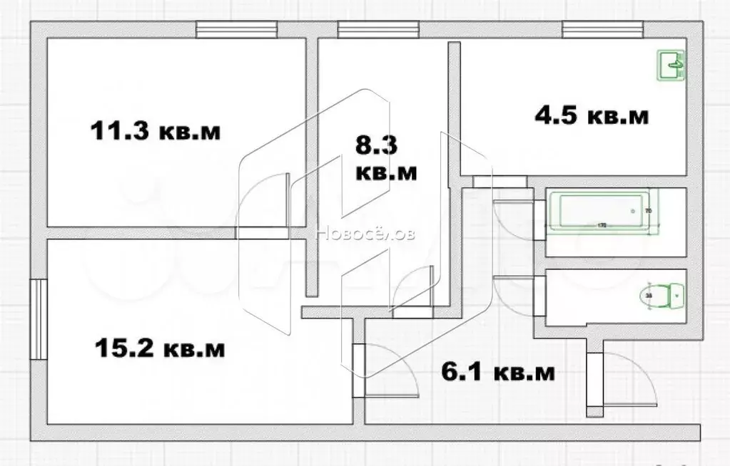 3-к. квартира, 49,3 м, 1/2 эт. - Фото 0