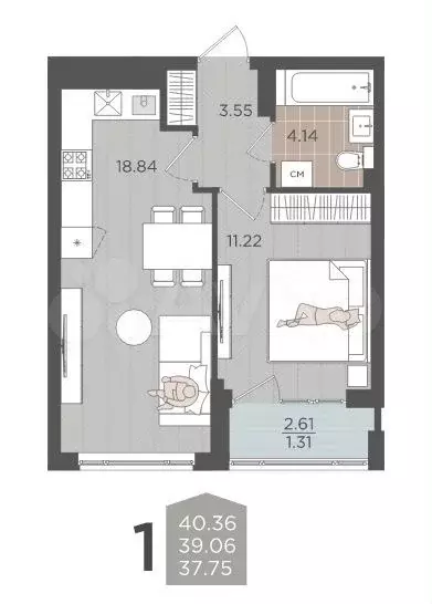 1-к. квартира, 39,1 м, 4/9 эт. - Фото 1