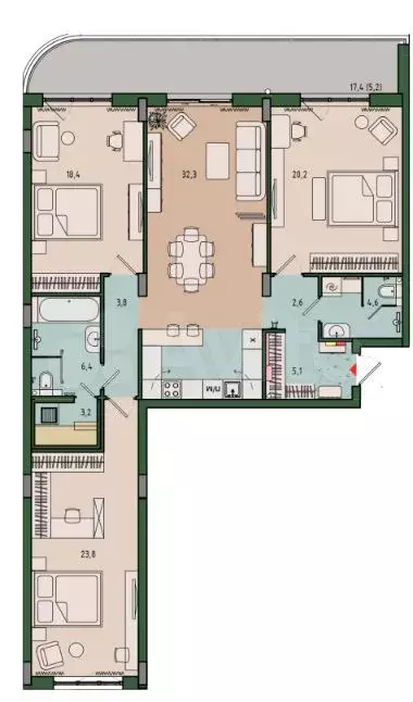 3-к. квартира, 125,6 м, 2/12 эт. - Фото 1