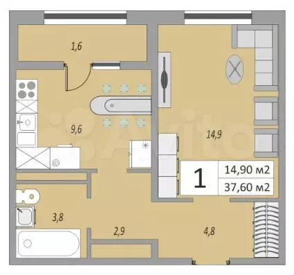 1-к. квартира, 40 м, 12/24 эт. - Фото 0