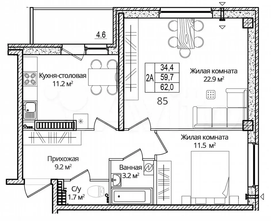 2-к. квартира, 62 м, 13/16 эт. - Фото 0