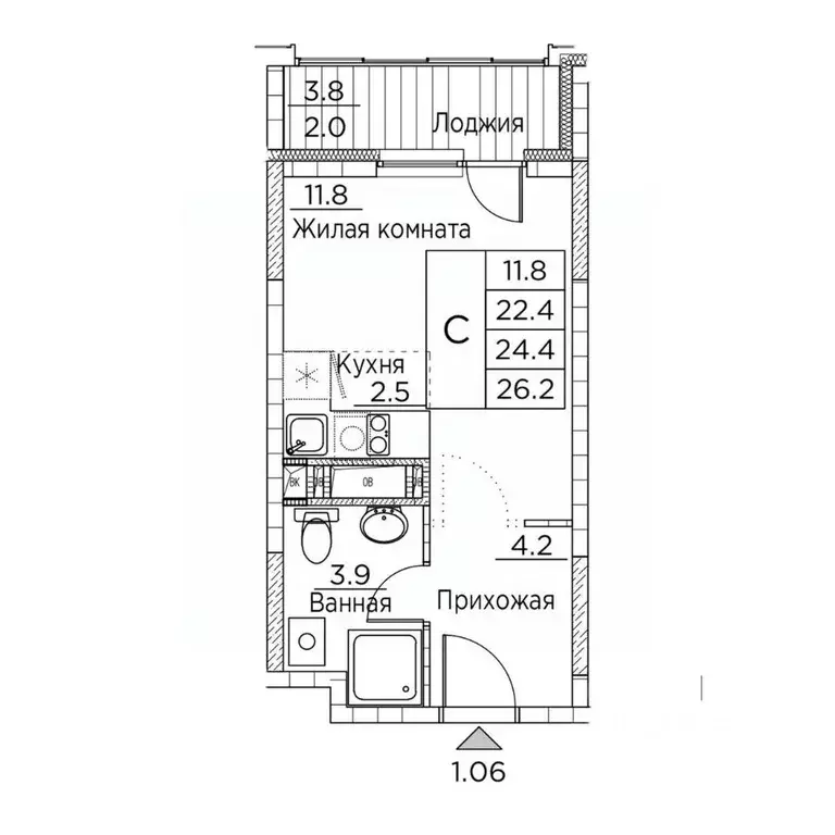 1-к кв. Приморский край, Владивосток ул. Расула Гамзатова, 7к3 (26.2 ... - Фото 1