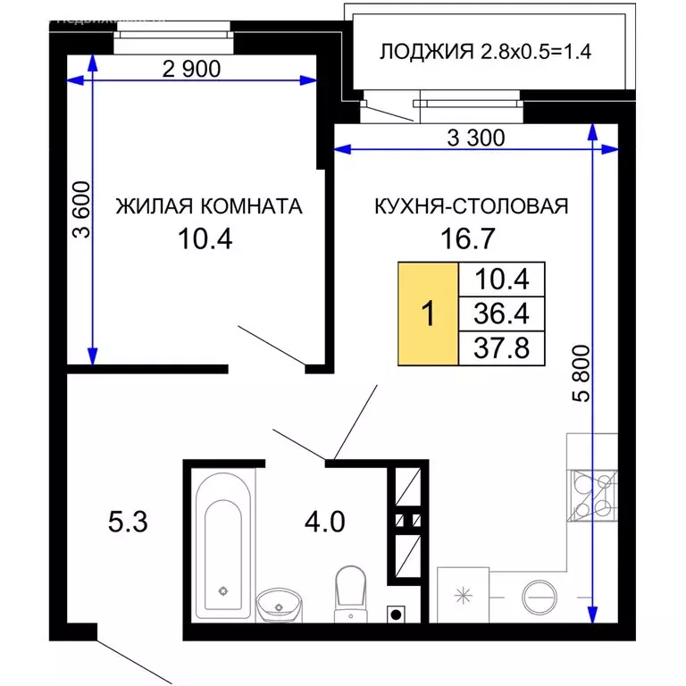 1-комнатная квартира: Краснодар, улица Лётчика Позднякова, 2к21 (37.8 ... - Фото 0