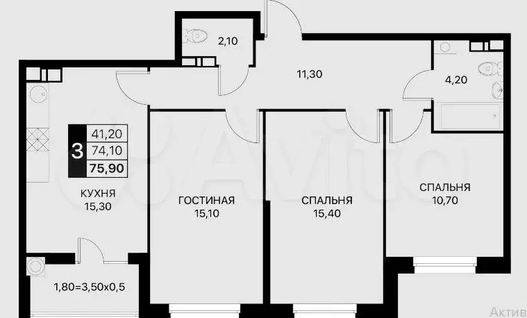 3-к. квартира, 75,9 м, 12/12 эт. - Фото 0