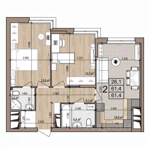 2-к кв. Рязанская область, Рязань ул. Новоселов, 33Б (61.4 м) - Фото 1