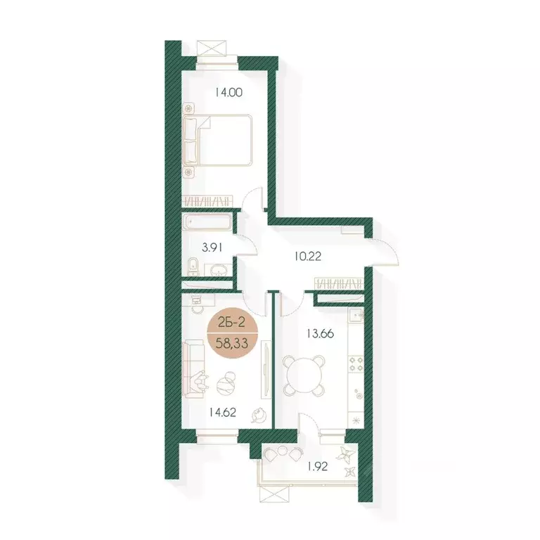 2-к кв. Татарстан, Казань Родины мкр, Наследие жилой комплекс (58.33 ... - Фото 1