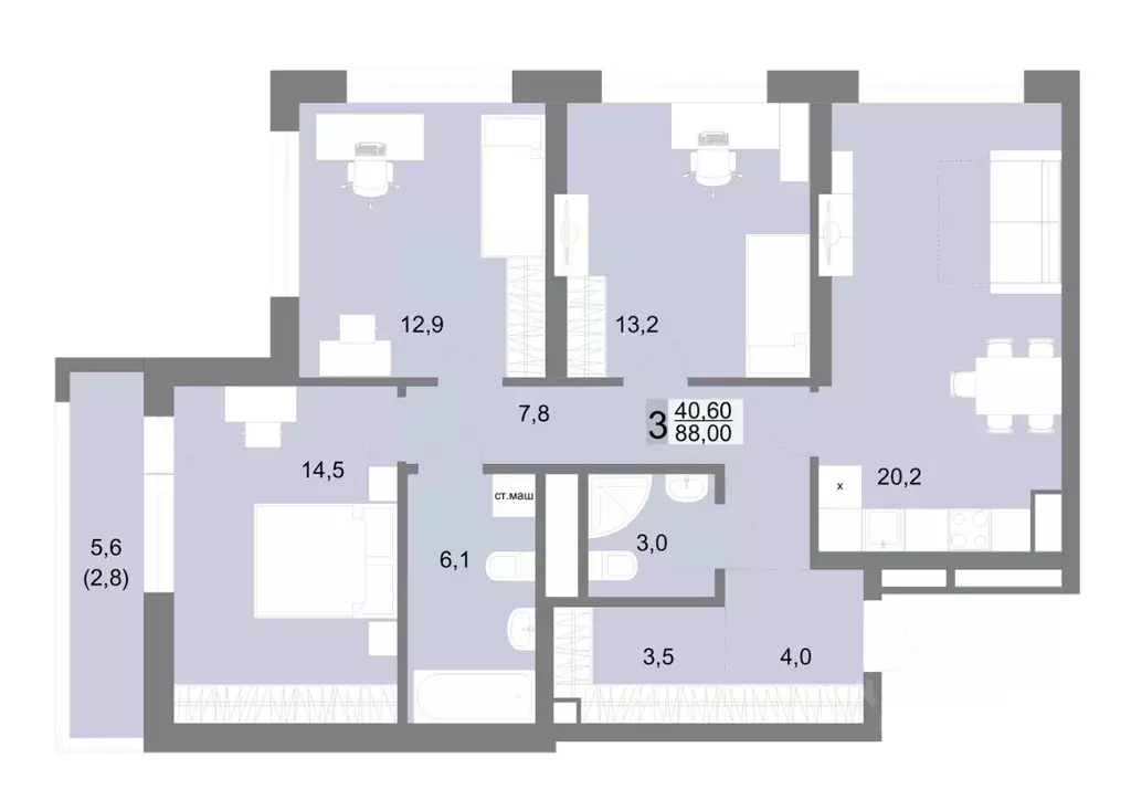 3-к кв. Свердловская область, Екатеринбург ул. Семена Лагоды, 80 (88.0 ... - Фото 1