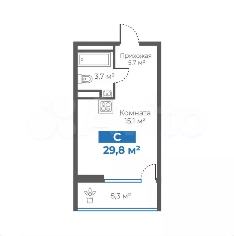 Квартира-студия, 29,8 м, 8/15 эт. - Фото 1