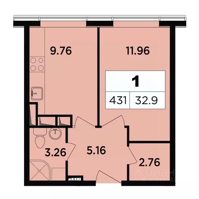 Квартира, 1 комната, 32.6 м - Фото 1