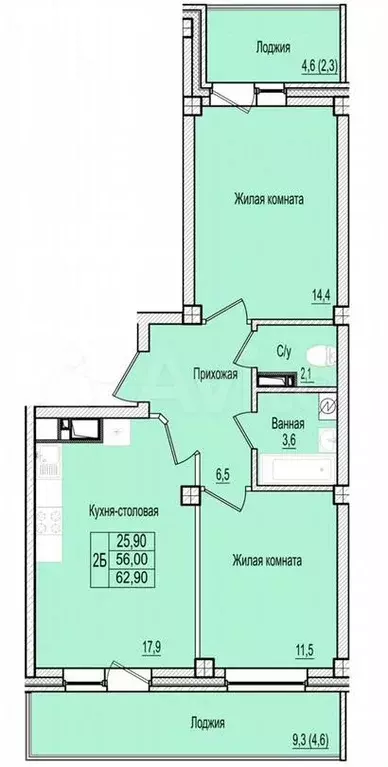 2-к. квартира, 62,9м, 6/7эт. - Фото 0