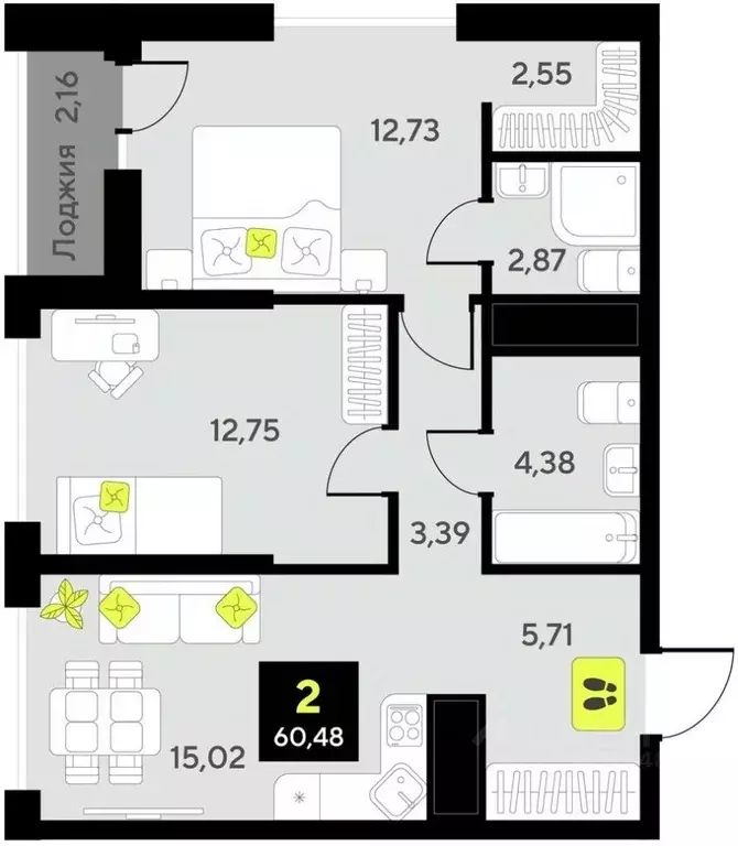 2-к кв. Тюменская область, Тюмень ул. Андрея Приказнова, 7 (60.48 м) - Фото 0