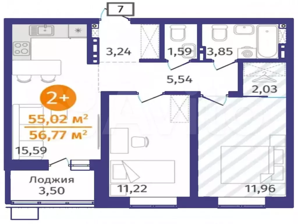 2-к. квартира, 55 м, 8/14 эт. - Фото 1