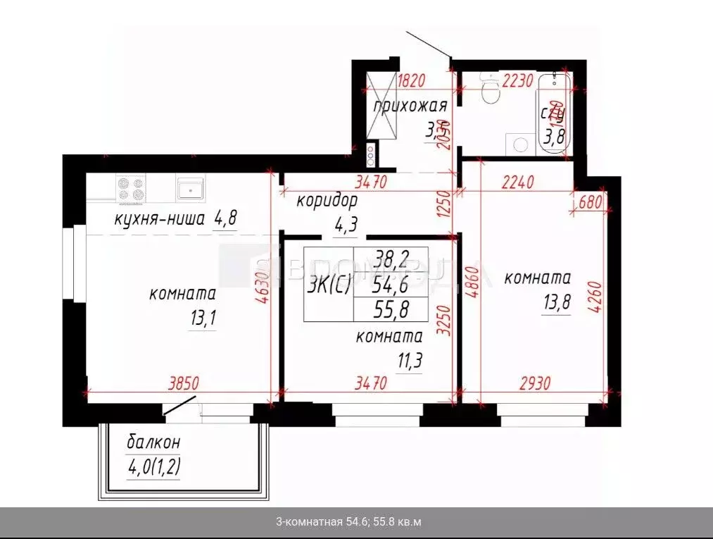 3-к кв. Алтайский край, Барнаул Молодежная ул., 138 (55.0 м) - Фото 2