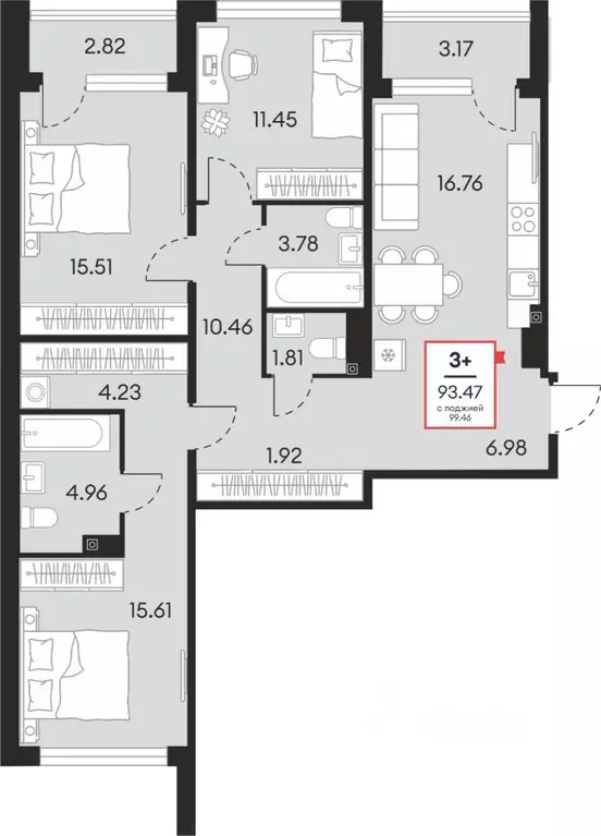 3-к кв. Ханты-Мансийский АО, Сургут 37-й мкр,  (93.47 м) - Фото 1