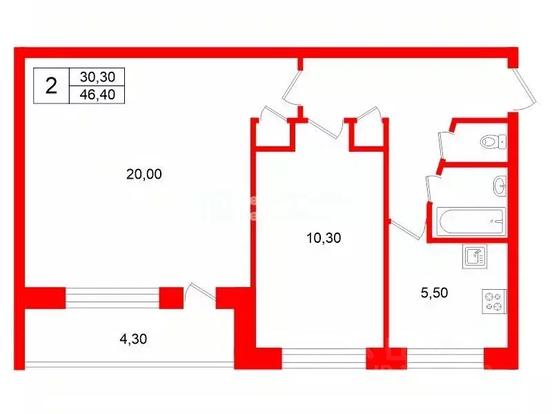 2-к кв. Санкт-Петербург Будапештская ул., 8К1 (46.4 м) - Фото 2