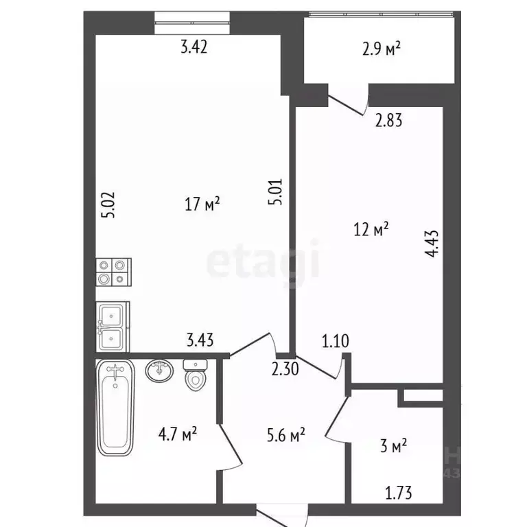 1-к кв. Санкт-Петербург просп. Космонавтов, 63к1 (43.0 м) - Фото 2