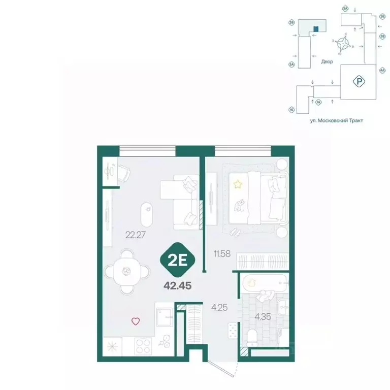 2-к кв. Тюменская область, Тюмень Сибирский жилой комплекс (42.45 м) - Фото 1