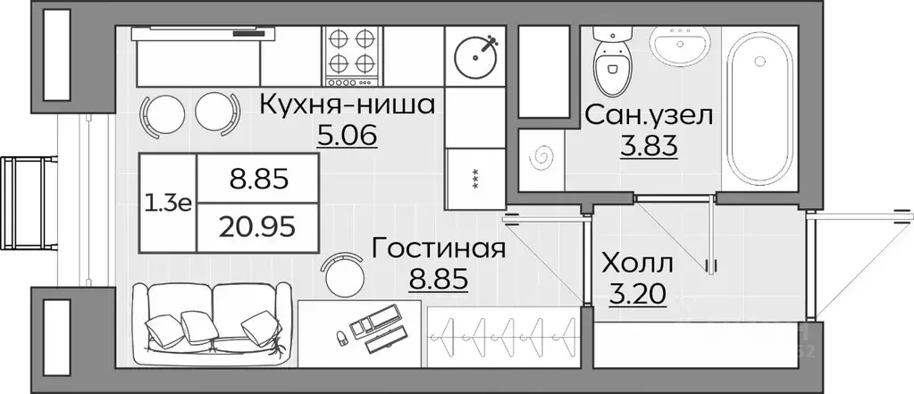 1-к кв. Татарстан, Казань ул. Рауиса Гареева (20.94 м) - Фото 0