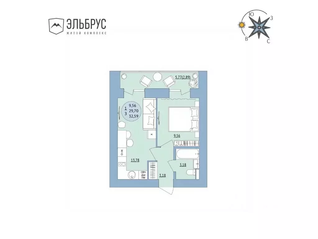 1-к кв. Башкортостан, Уфа Кавказская ул., 24 (32.59 м) - Фото 1