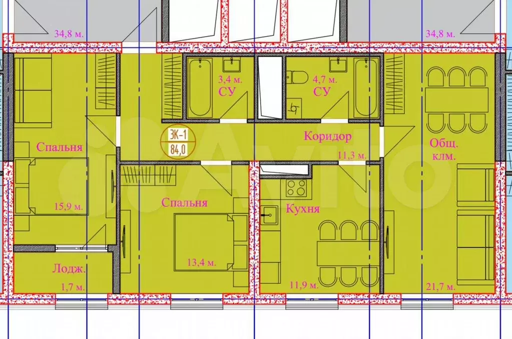 3-к. квартира, 84 м, 8/20 эт. - Фото 0